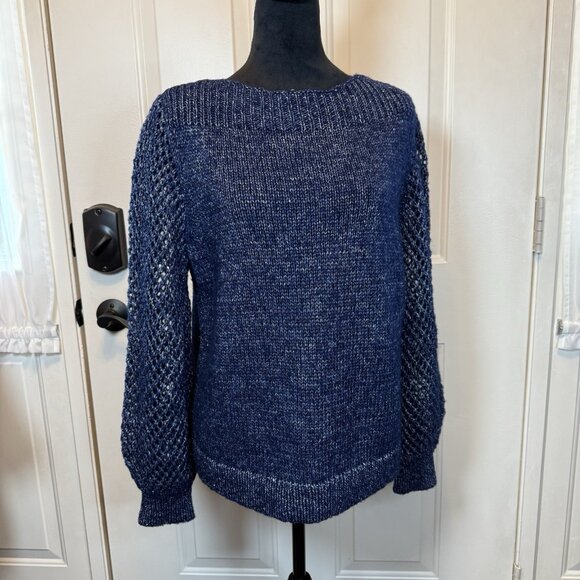 Tommy Bahama Women's Balloon Sleeved Bateau Sweater Sz M Blue/Silver metallic - Picture 1 of 13
